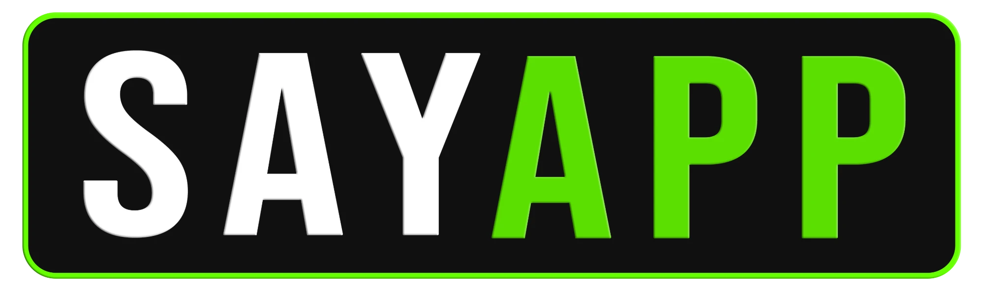 The SAYAPP product mark: the word SAYAPP set in white and green on a black plate.